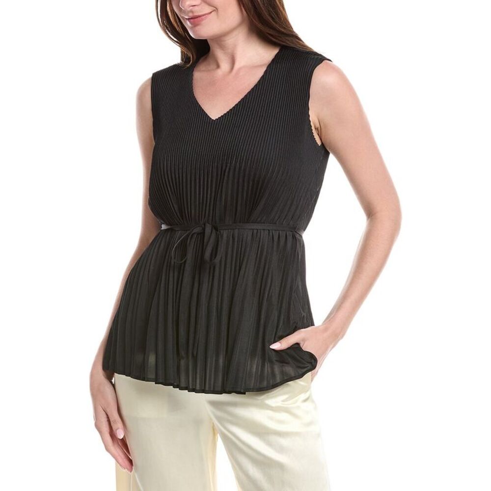 Misook Womens  V-Neck Tie-Waist Pleated Crepe De Chine Tank Top, Black